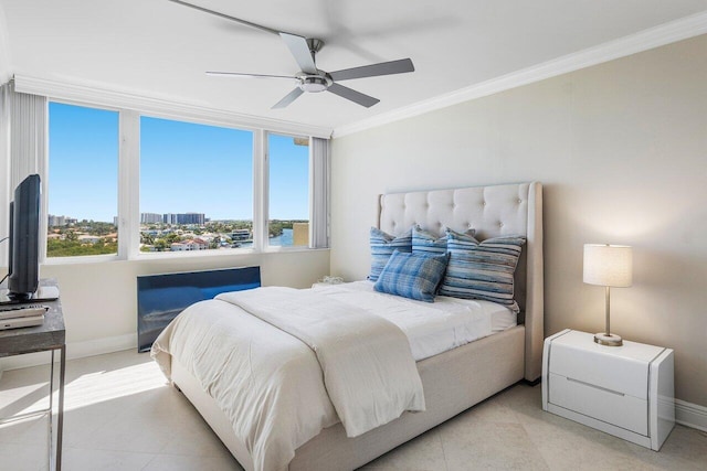 bedroom with a city view, crown molding, light tile patterned floors, baseboards, and ceiling fan