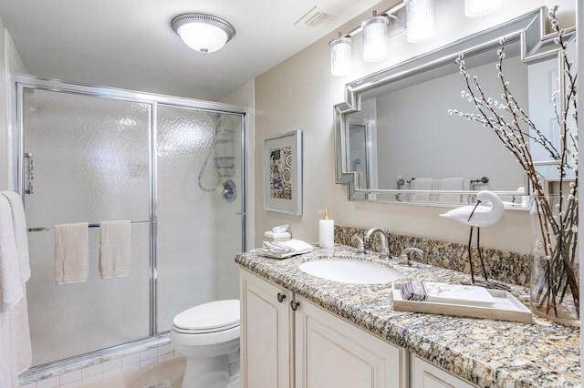 full bathroom with visible vents, toilet, a stall shower, tile patterned floors, and vanity