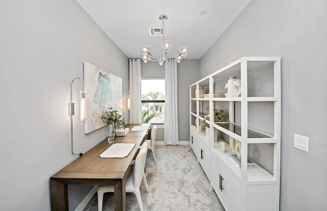 interior space with visible vents, light carpet, baseboards, and a chandelier