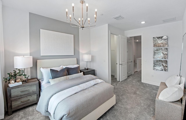 carpeted bedroom with recessed lighting, a notable chandelier, baseboards, and visible vents