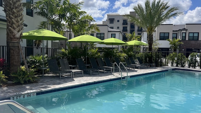 community pool featuring a patio and fence