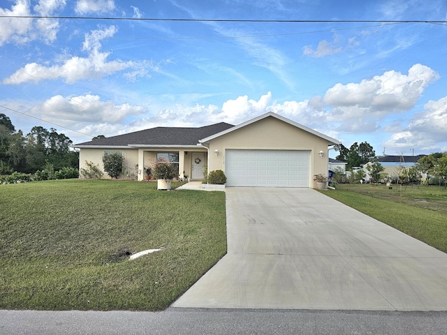 ranch-style home featuring stucco siding, an attached garage, concrete driveway, and a front lawn