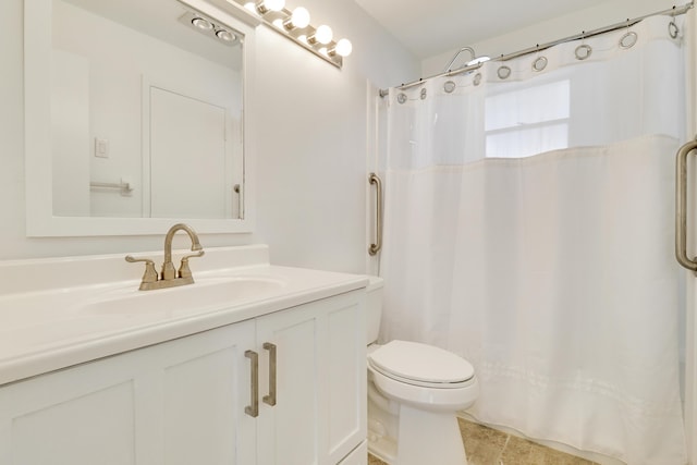 bathroom with a shower with shower curtain, toilet, and vanity