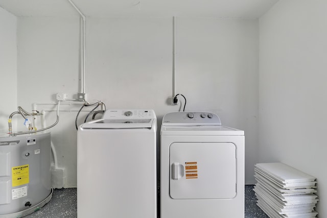 laundry room featuring electric water heater and washer and clothes dryer