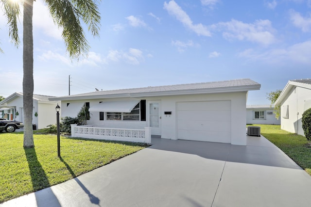 ranch-style home featuring a front lawn, central air condition unit, concrete driveway, stucco siding, and a garage