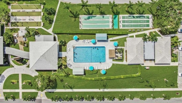 aerial view of a pool area