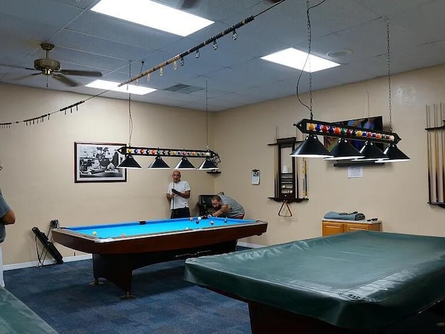 rec room featuring visible vents, baseboards, billiards, and ceiling fan