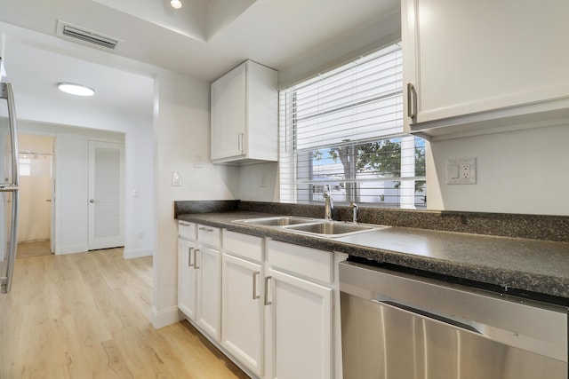 kitchen featuring dark countertops, visible vents, stainless steel dishwasher, white cabinets, and a sink