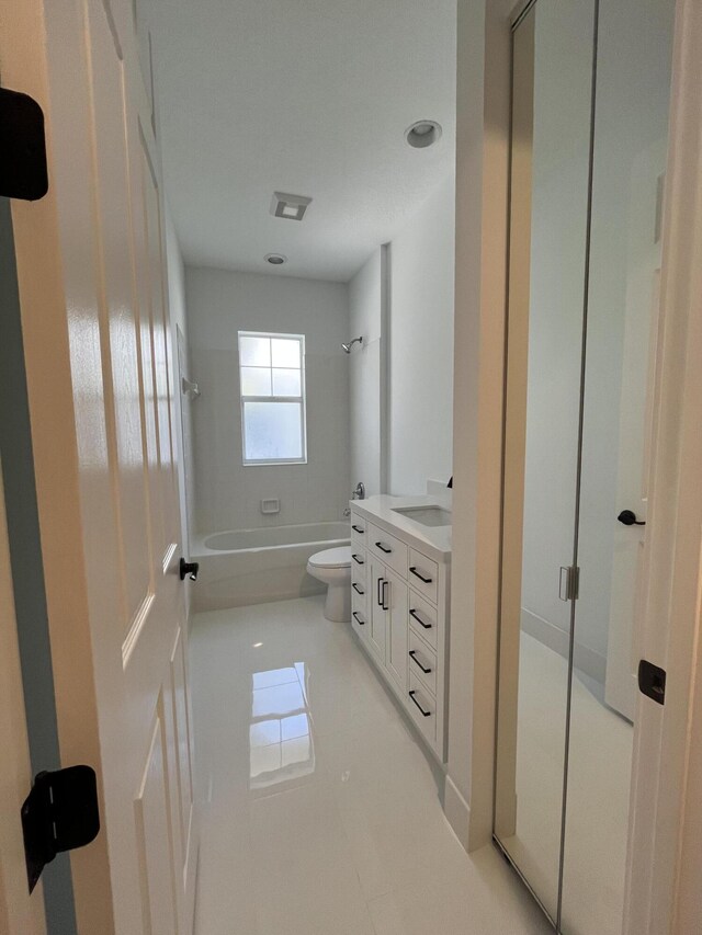 bathroom with vanity, visible vents, tile patterned flooring, shower / bath combination, and toilet