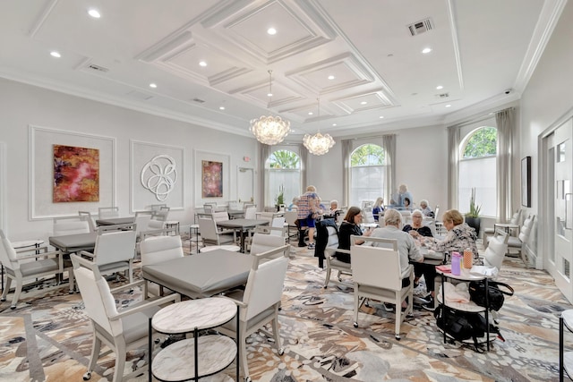 dining space featuring recessed lighting, visible vents, a notable chandelier, and crown molding