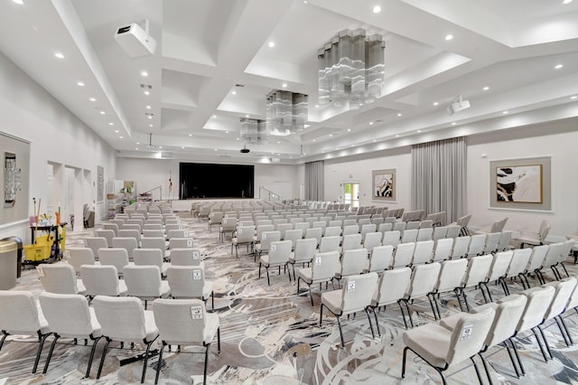 home theater room featuring beamed ceiling, recessed lighting, and coffered ceiling