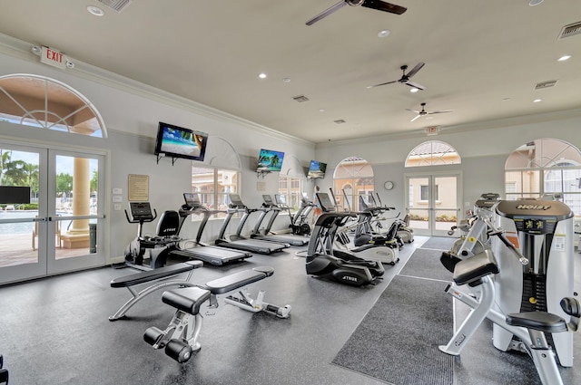 exercise room featuring french doors, visible vents, and ornamental molding