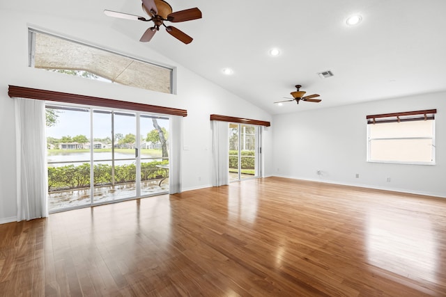 unfurnished living room featuring recessed lighting, wood finished floors, visible vents, and ceiling fan