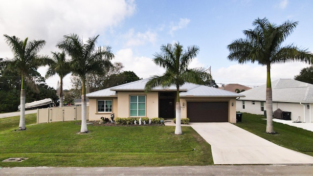 ranch-style home featuring concrete driveway, metal roof, a garage, and a front yard