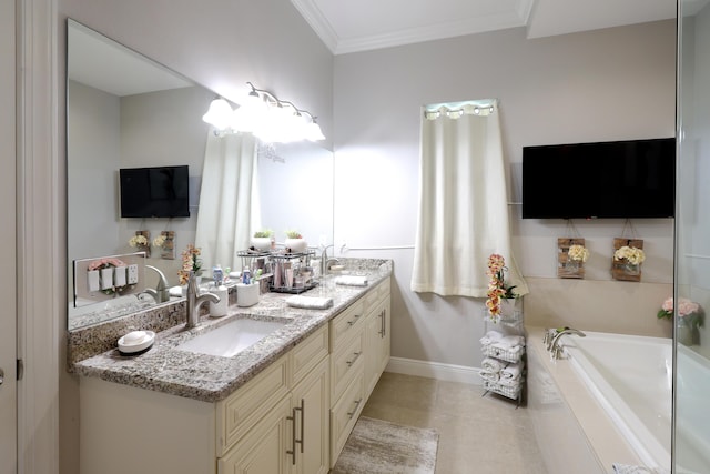 full bath with ornamental molding, a washtub, a sink, tile patterned flooring, and double vanity