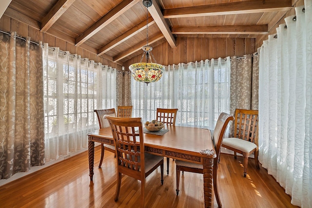 dining area featuring lofted ceiling with beams, wood ceiling, and wood finished floors