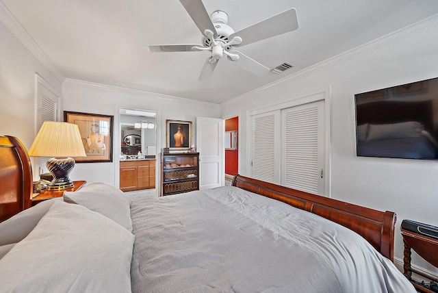 bedroom with visible vents, light carpet, ornamental molding, a closet, and ceiling fan