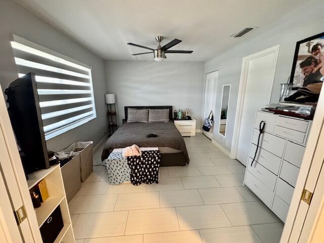 bedroom with a ceiling fan and visible vents