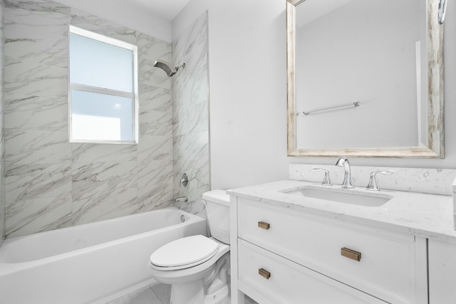 bathroom with toilet, vanity, and washtub / shower combination