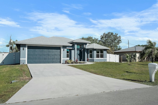 prairie-style home with an attached garage, a front yard, and a gate