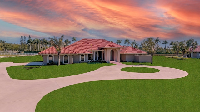 mediterranean / spanish house with stucco siding, curved driveway, a front lawn, and a tile roof