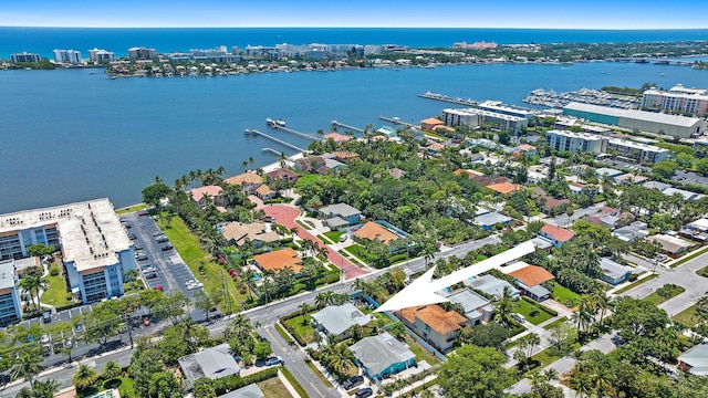 drone / aerial view with a water view