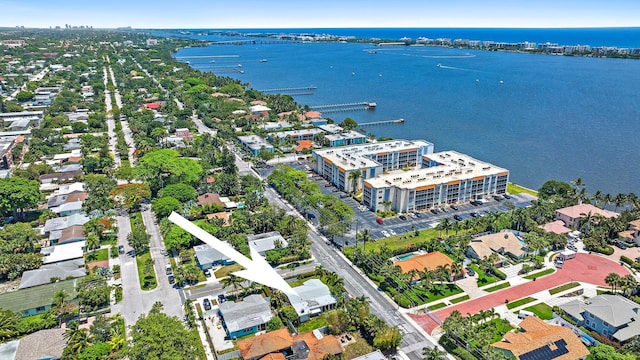 drone / aerial view featuring a water view