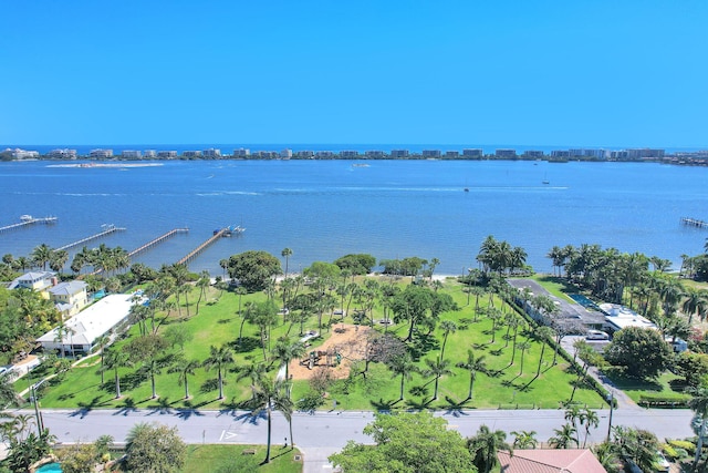 drone / aerial view featuring a water view