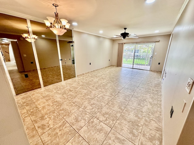 tiled spare room with recessed lighting, crown molding, and ceiling fan with notable chandelier