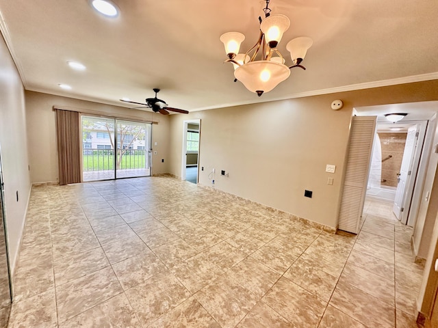 spare room featuring light tile patterned floors, recessed lighting, ceiling fan with notable chandelier, and crown molding