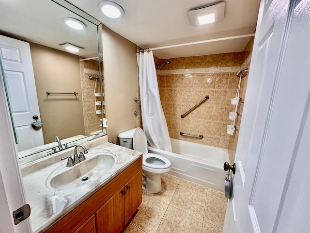 bathroom featuring tile patterned floors, toilet, vanity, and shower / tub combo with curtain