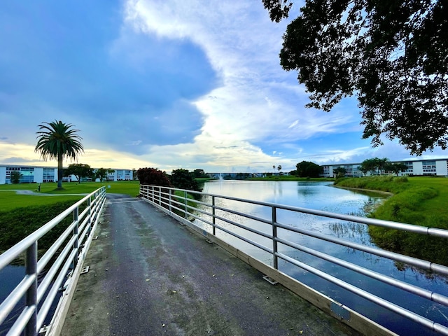 exterior space with a water view