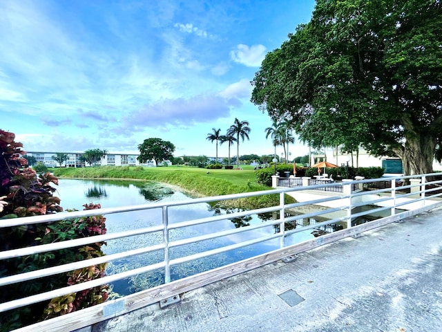 exterior space with a water view