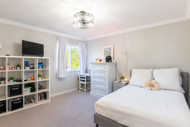 bedroom featuring a notable chandelier, baseboards, carpet, and ornamental molding