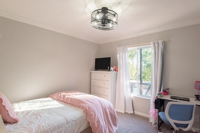 carpeted bedroom with baseboards and crown molding