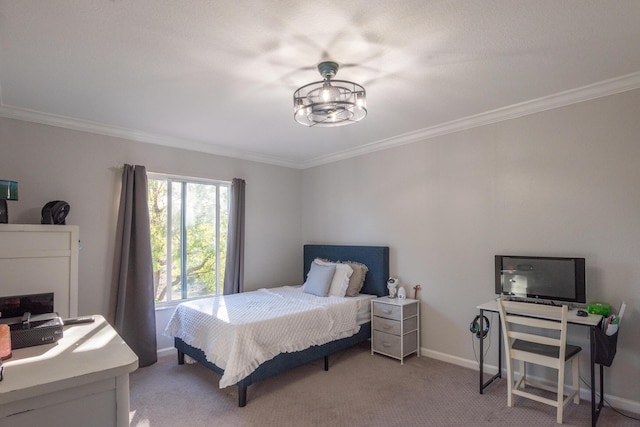 bedroom with crown molding, baseboards, and light carpet