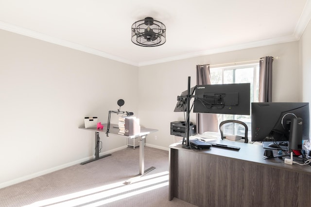 office featuring carpet flooring, baseboards, and crown molding