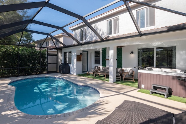 outdoor pool with an outdoor living space, a patio, a lanai, and a hot tub