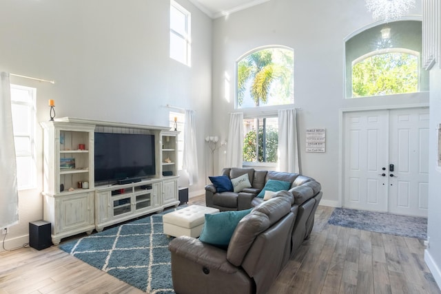 living area featuring a towering ceiling, ornamental molding, baseboards, and wood finished floors