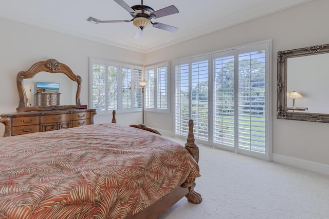 bedroom with access to exterior, visible vents, crown molding, baseboards, and carpet