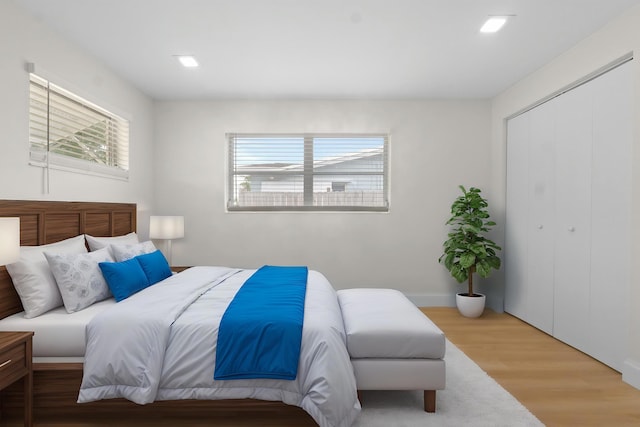 bedroom with wood finished floors, multiple windows, and a closet