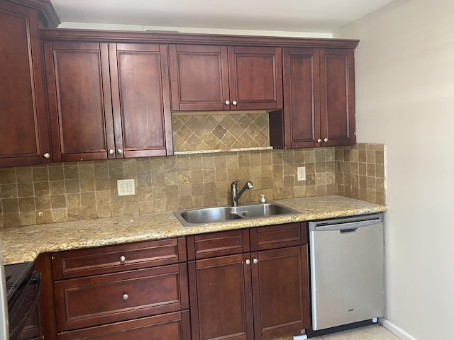 kitchen featuring dark brown cabinets, dishwasher, decorative backsplash, electric stove, and a sink