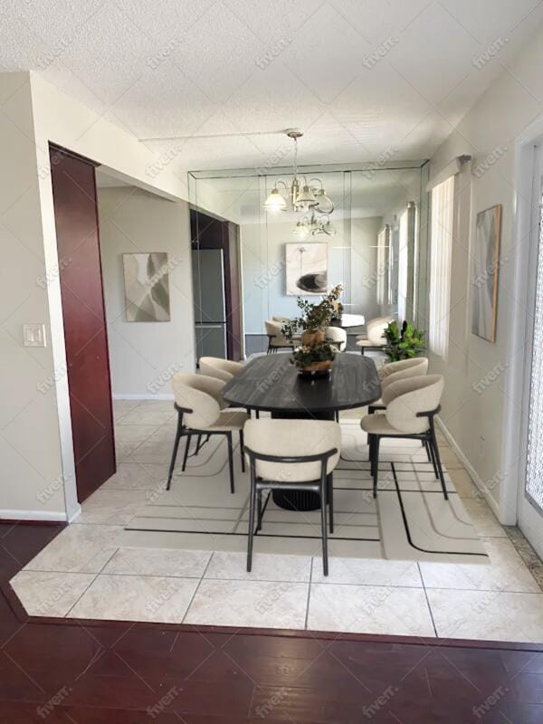 tiled dining space with an inviting chandelier