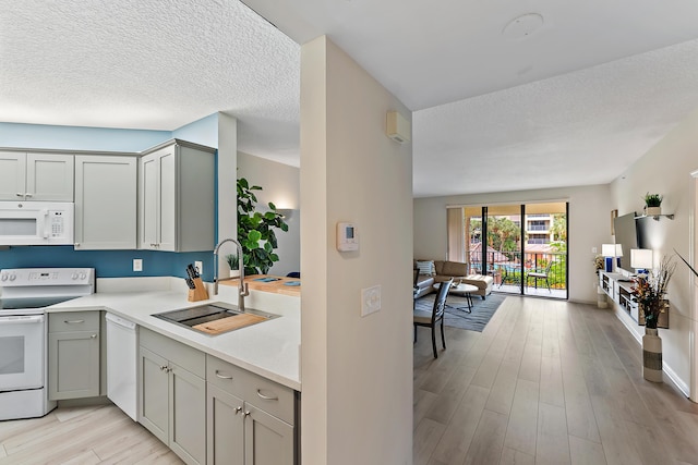 kitchen with a sink, white appliances, gray cabinets, and light wood finished floors