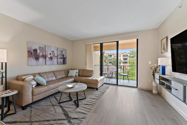 living area featuring a textured ceiling and light wood-style flooring