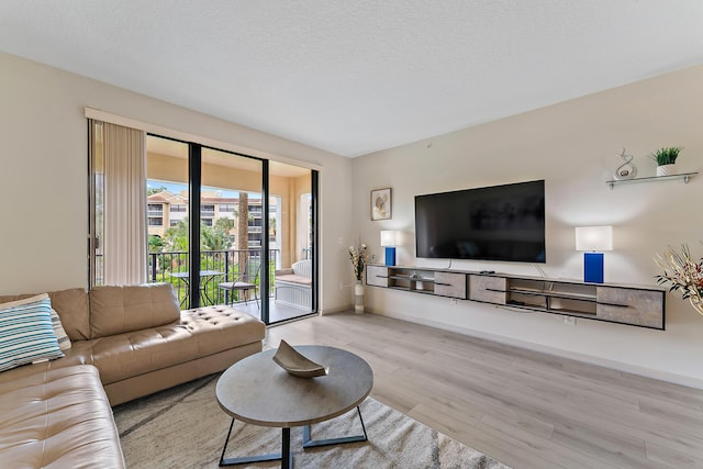 living area with baseboards, a textured ceiling, and wood finished floors