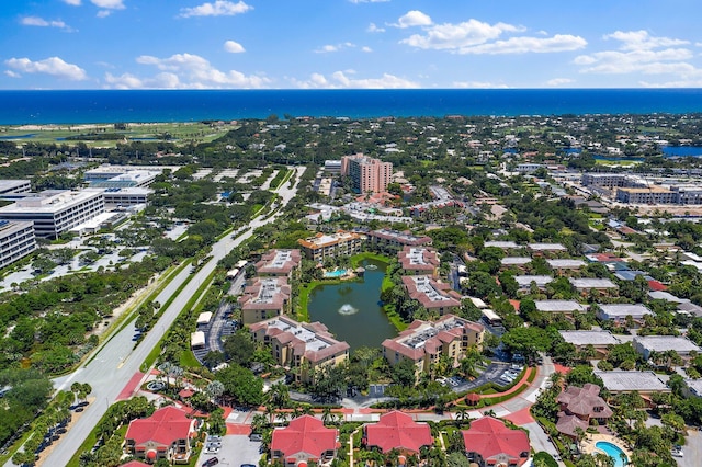 drone / aerial view featuring a water view