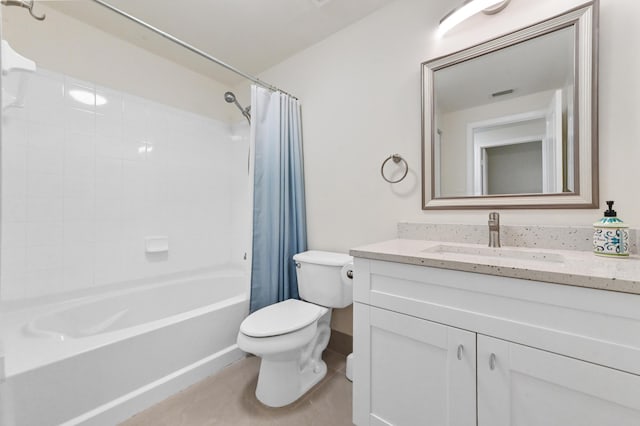 full bathroom with visible vents, toilet, shower / tub combo, tile patterned flooring, and vanity