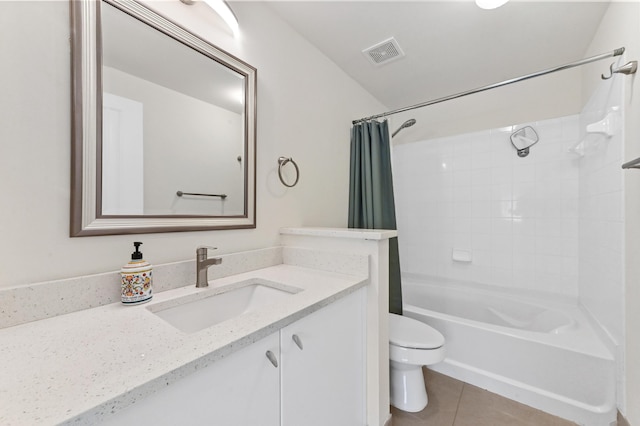 full bathroom featuring visible vents, toilet, shower / bath combo, tile patterned flooring, and vanity