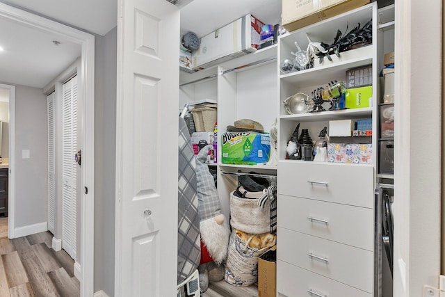 walk in closet with wood finished floors